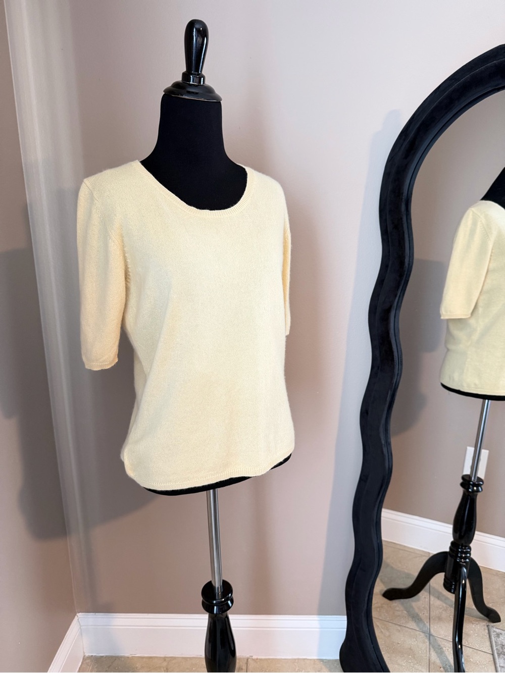 Belford Womens M Ivory Silk Cashmere Knit Pullover Scoop Neck Short Sleeve